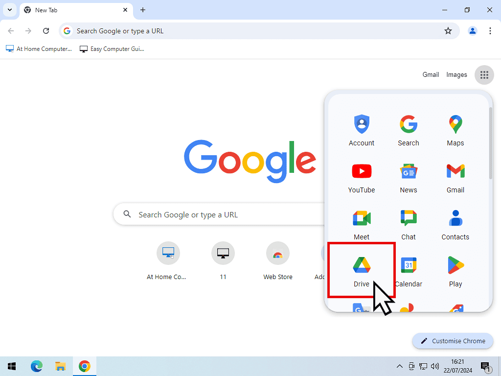 Drive is highlighted on the Google Apps menu.