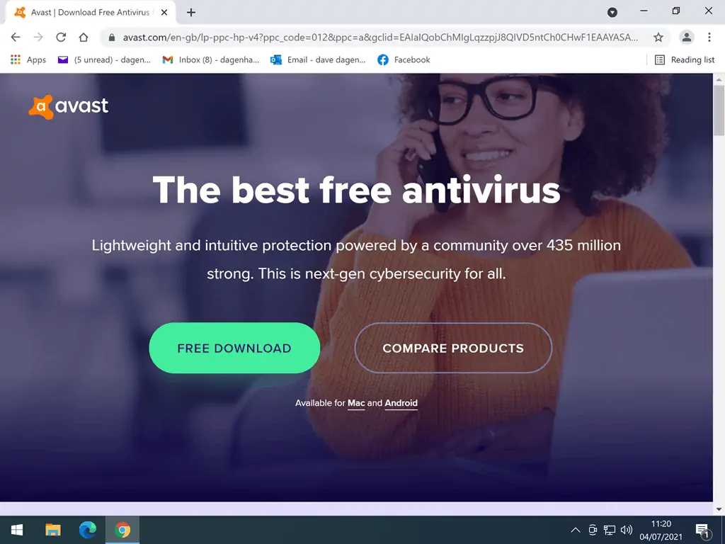 Avast Free Anti Virus download page.