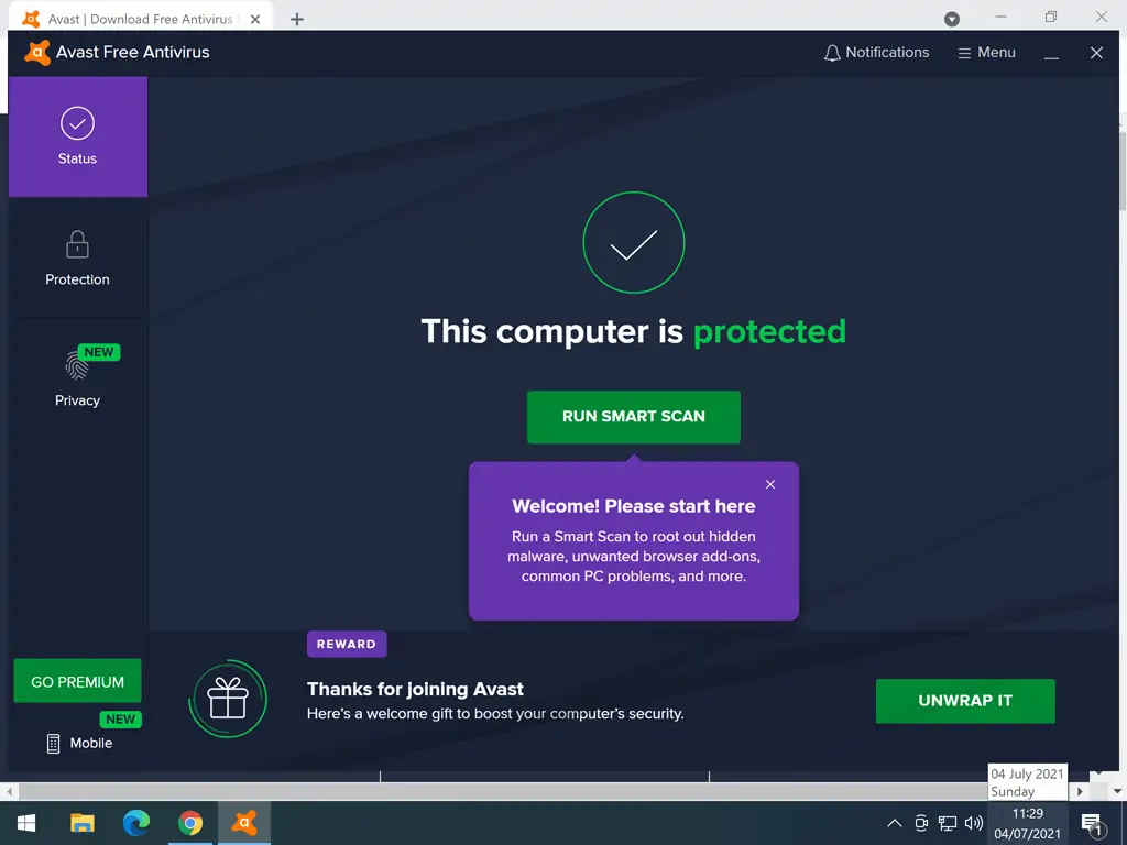Avast free anti virus user interface. "This computer is protected".
