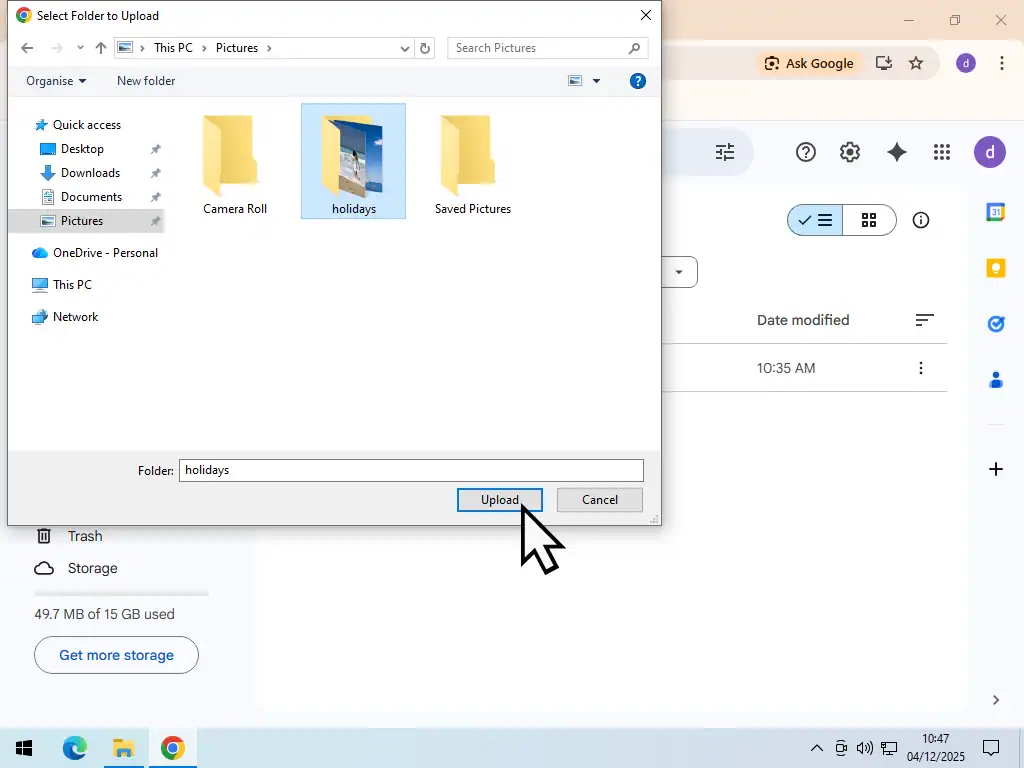 Backup files to Google Drive Uploading a folder to Google Drive.
