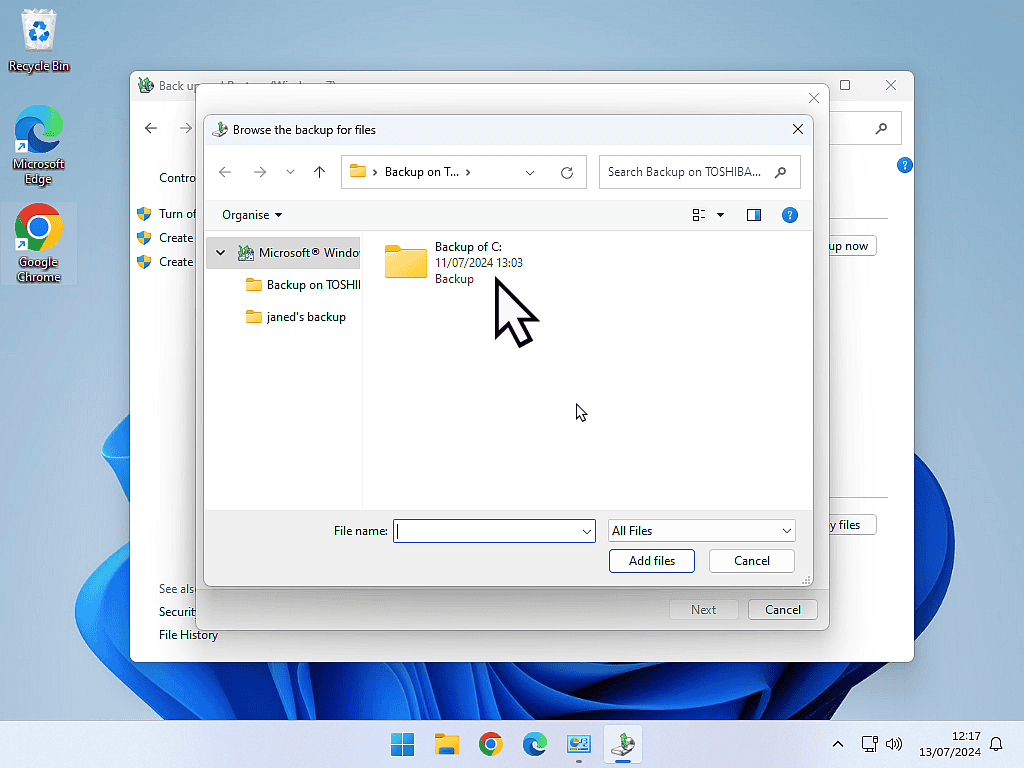 The Backup and Restore image file is open in an Explorer window. The folder 