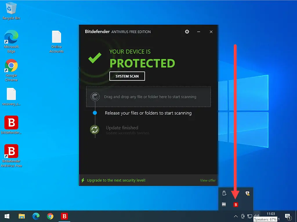 Bitdefender user interface. "Your device is protected"