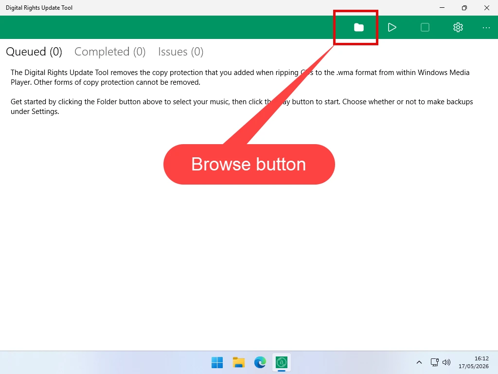 Browse for DRM folders The Browse button is indicated in Digital Right Update Tool.