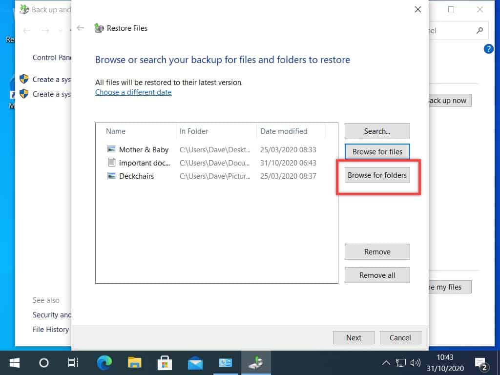 Browse for folders button is marked in Windows backup and restore.