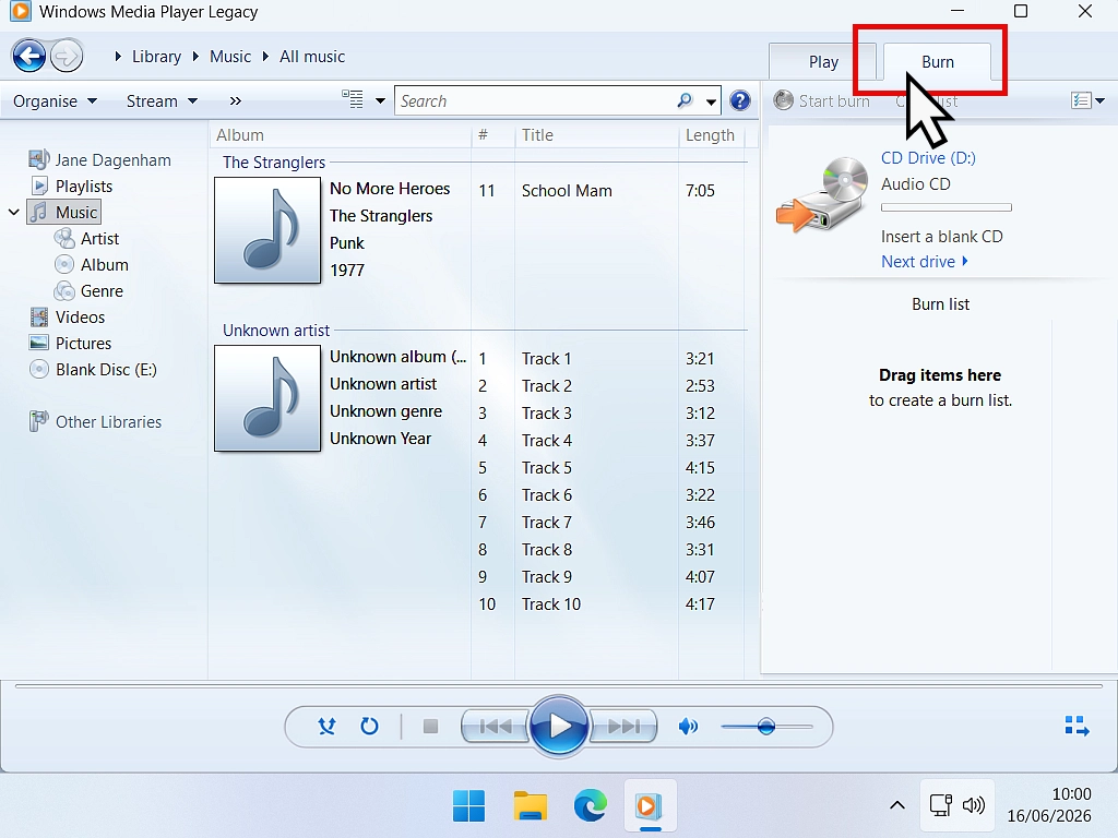 Burn tab in Windows Media Player legacy Burn tab in Windows Media Player legacy