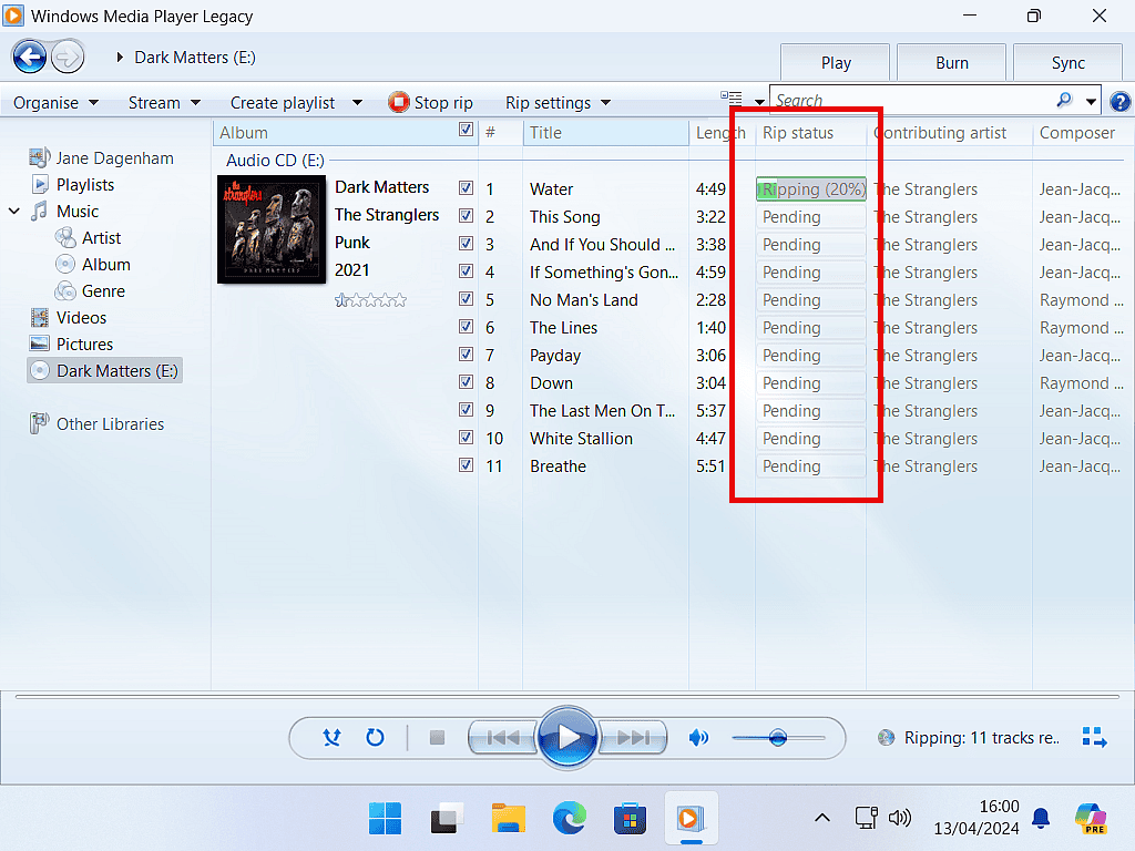 Rip status column highlighted in Windows Media Player as it copies a CD.