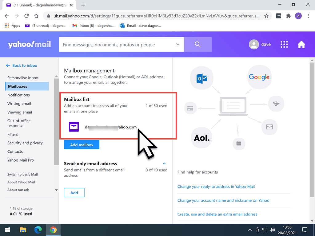 Selecting a Yahoo Mail address to have forwarded.