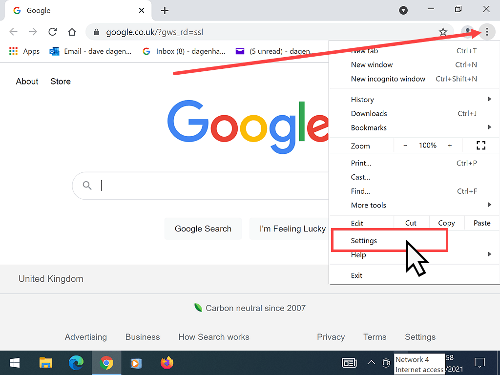 Google Chrome settings icon (3 vertical dots) and Settings option on menu indicated.