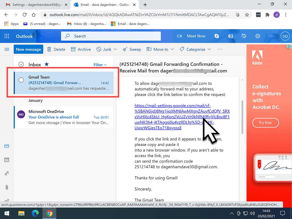 Email Forwarding confirmation. Link is highlighted.