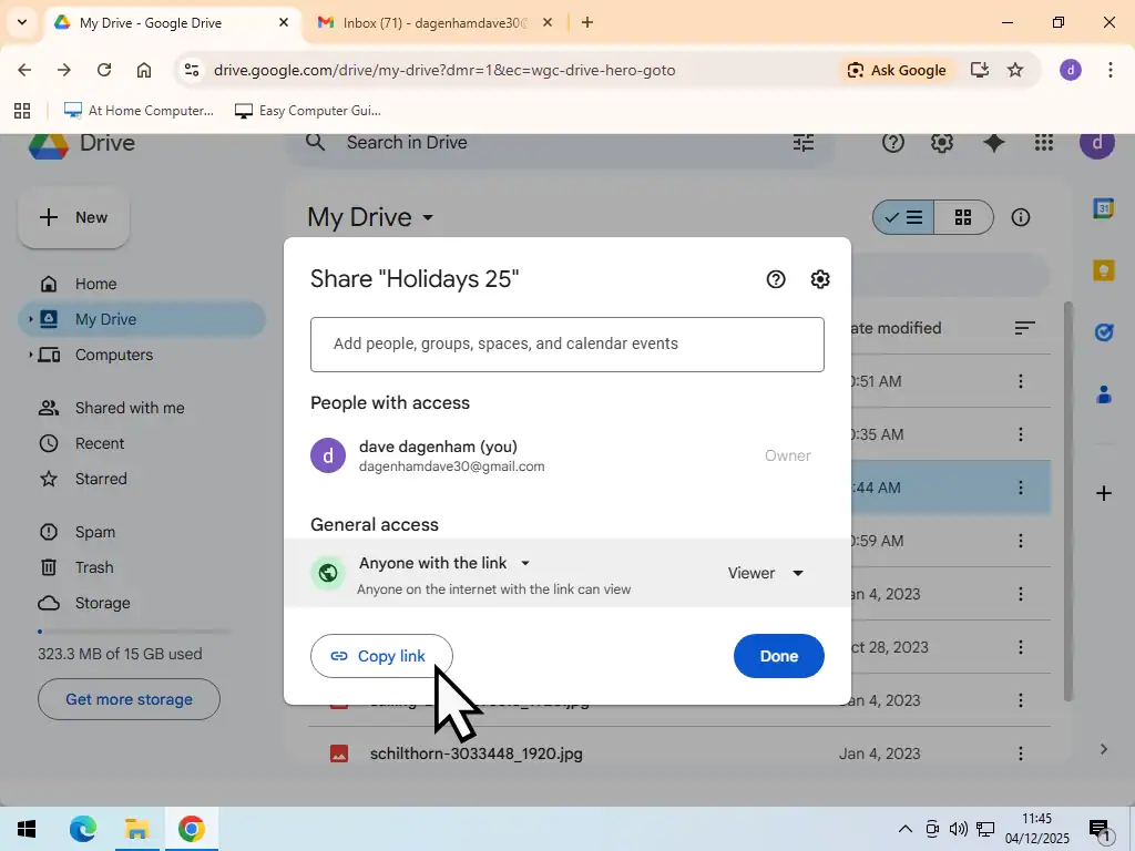 Copy Link Copying a link from Google Drive to send to someone else.