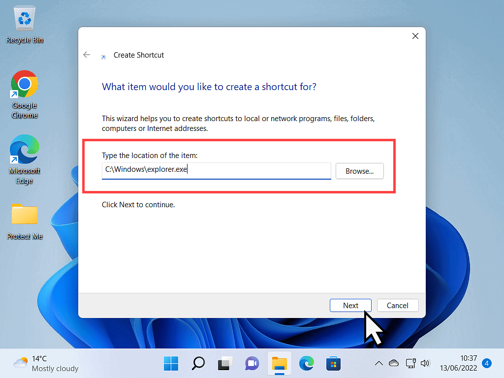 C:\Windows\explorer.exe has been typed into the shortcut box.
