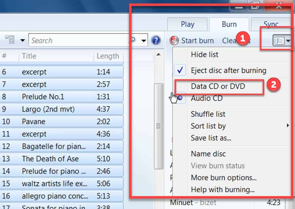 Burn Options marked. Data CD or DVD option selected.
