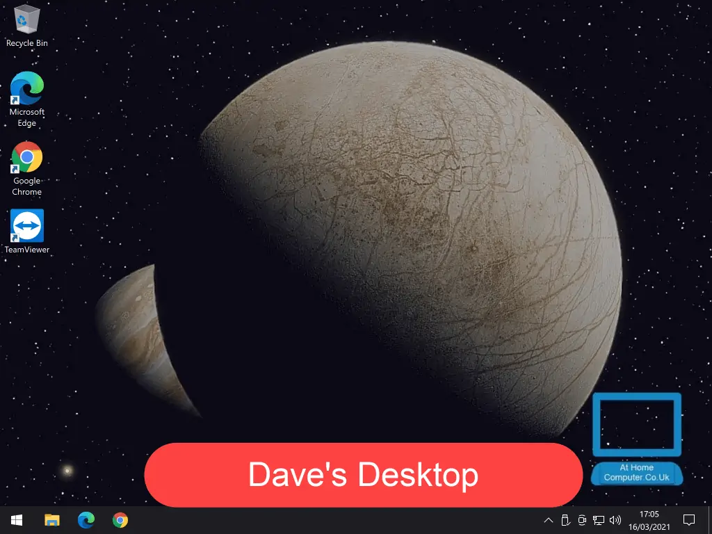 Windows desktop with an image of out space set as background. Slogan reads "Dave's desktop"