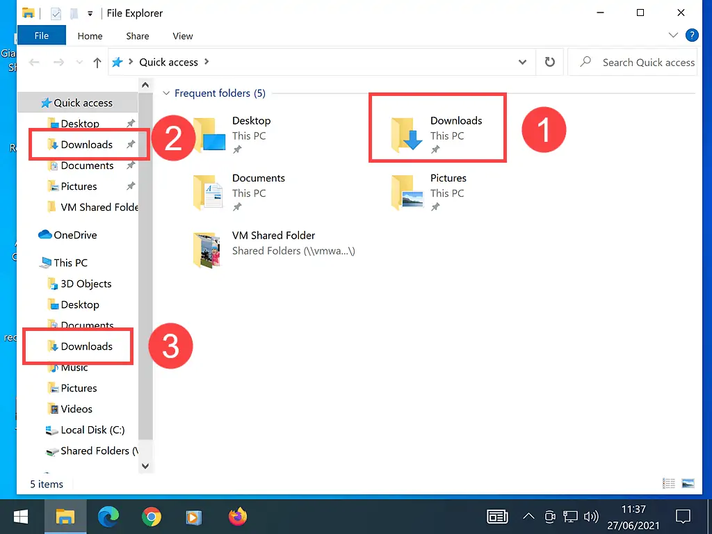 Different ways to access the Downloads folder in File Explorer.