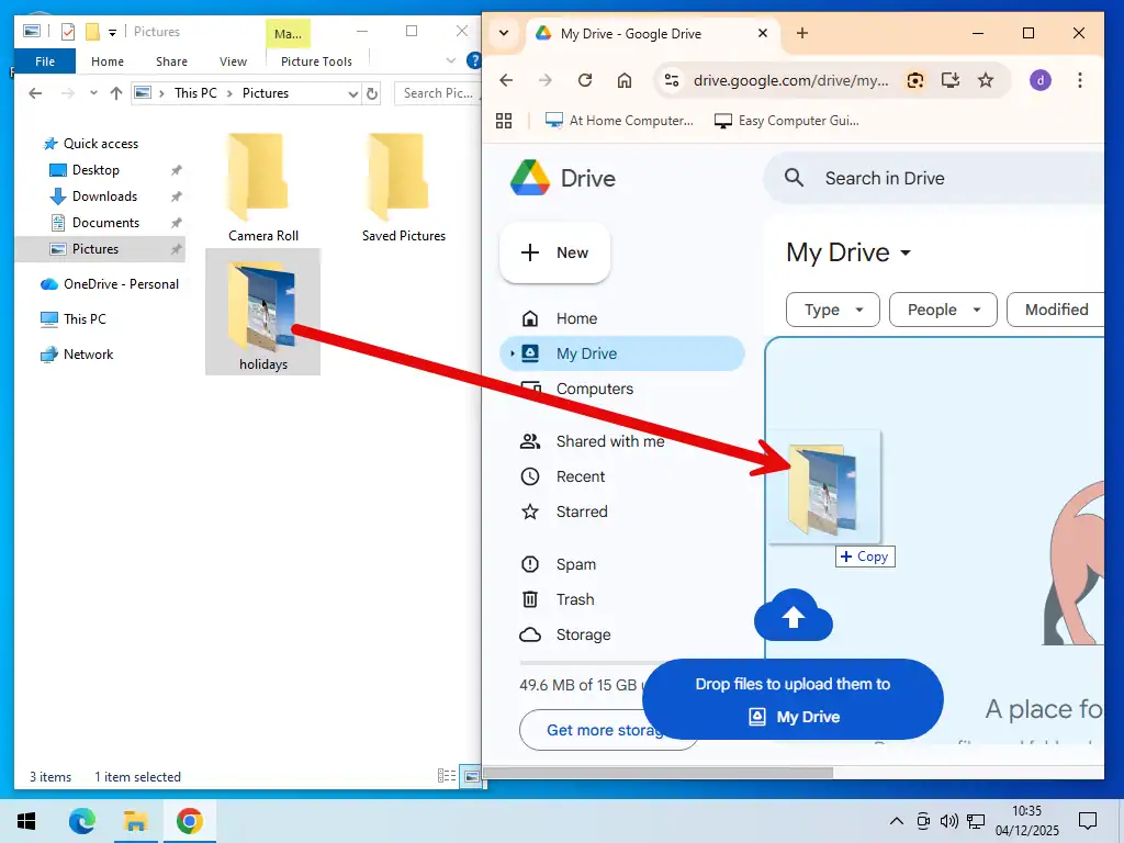 Drag and drop files into Drive Dragging a folder into Google Drive window.