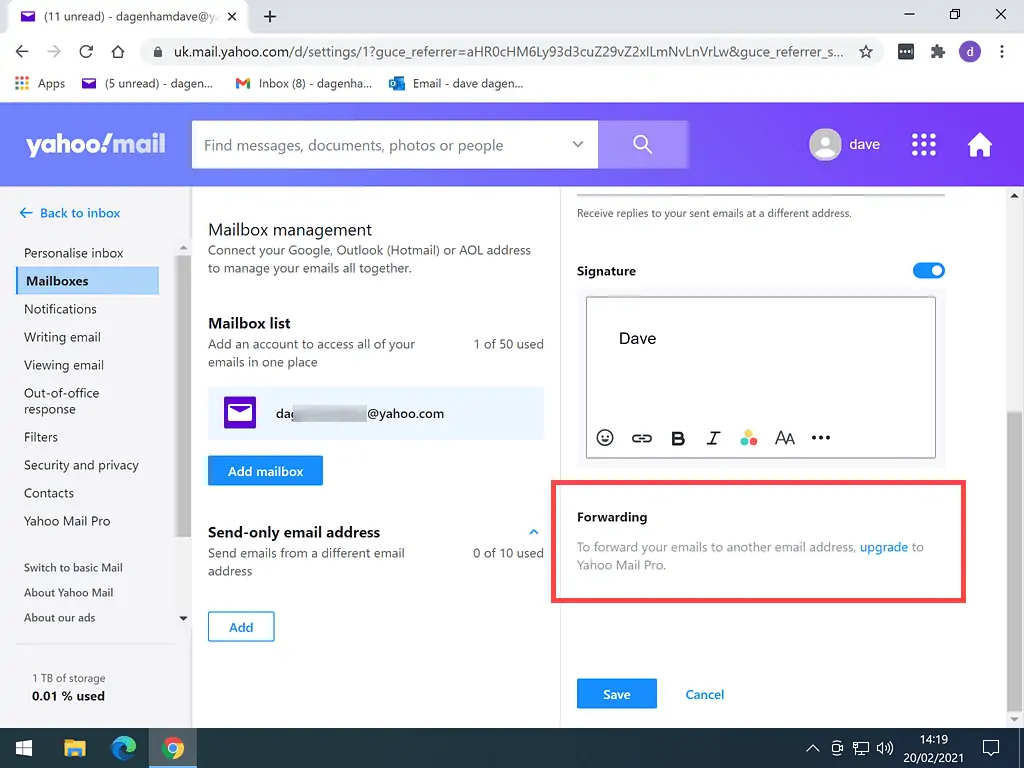 Email forwarding option greyed out in Yahoo Mail account.