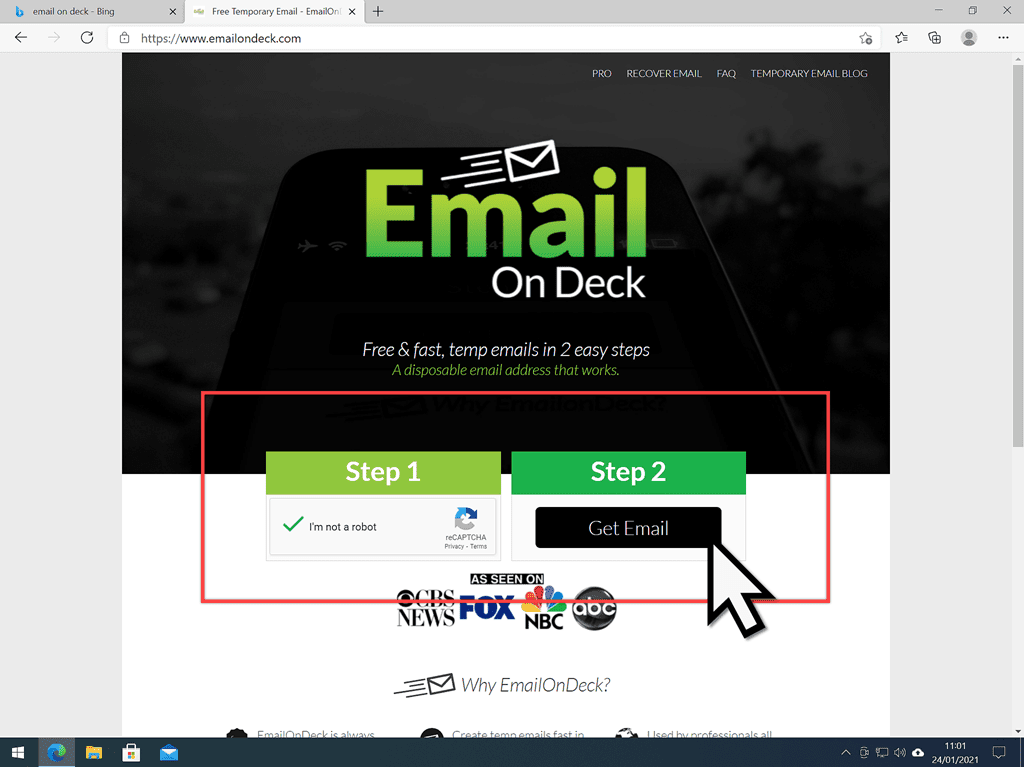 Email On Deck web page. Get Email button marked.