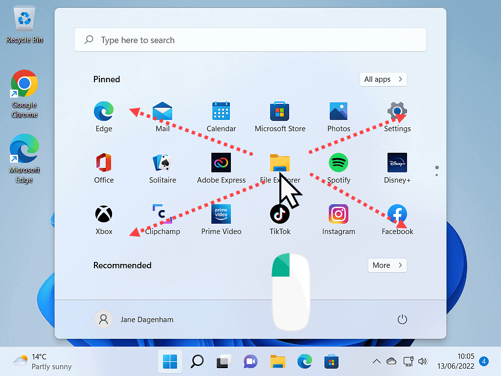 Start menu is open. File Explorer icon indicated. Computer mouse with left hand button highlighted.