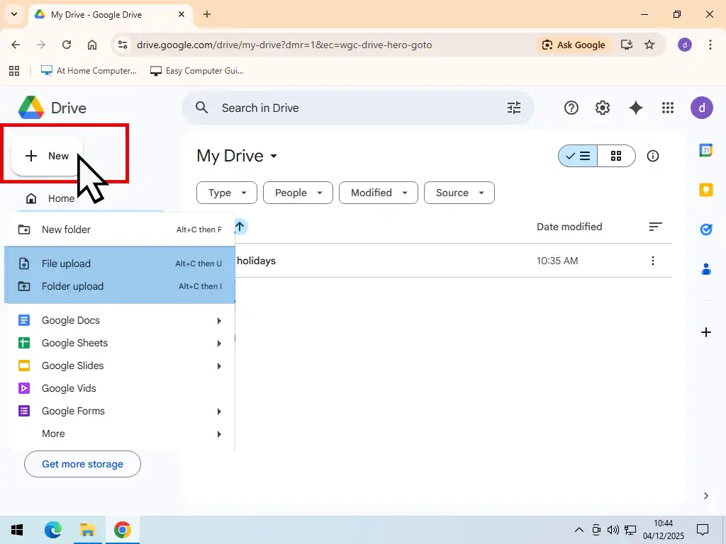 File or Folder upload New button.