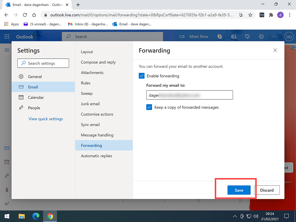 Entering an email address for outlook.com to forward emails to.