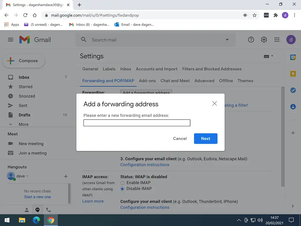 Adding a forwarding email address to a Gmail account.