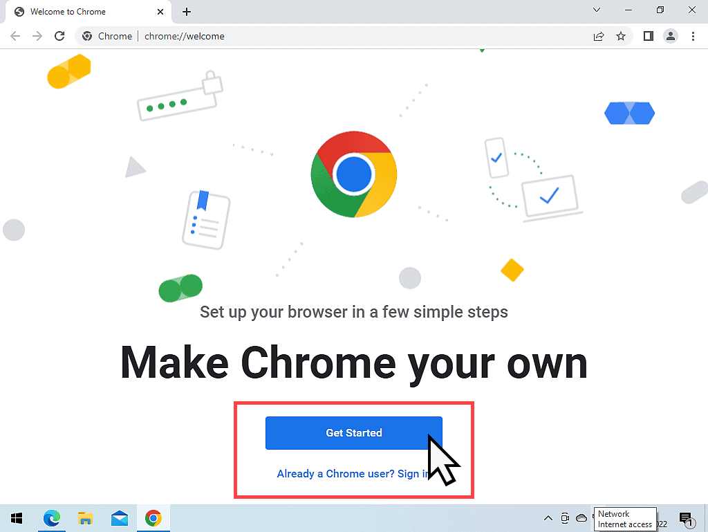 Get started page that appears during the set up of Google Chrome. 