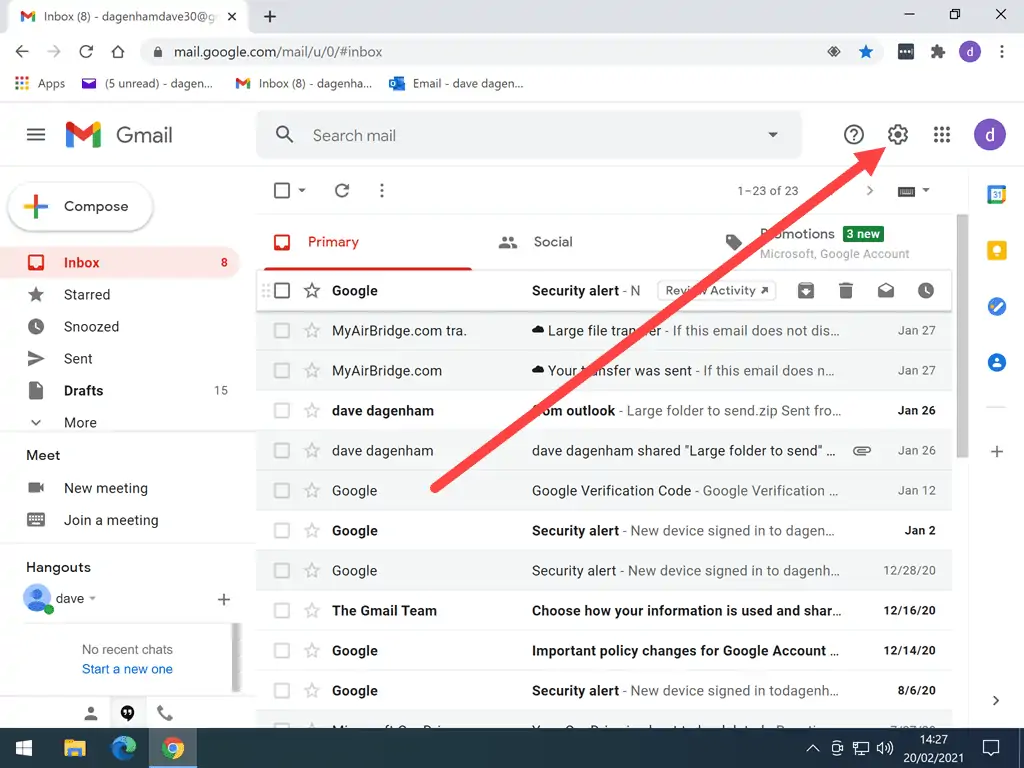 Gmail settings icon (gear wheel) is indicated in the Gmail account.