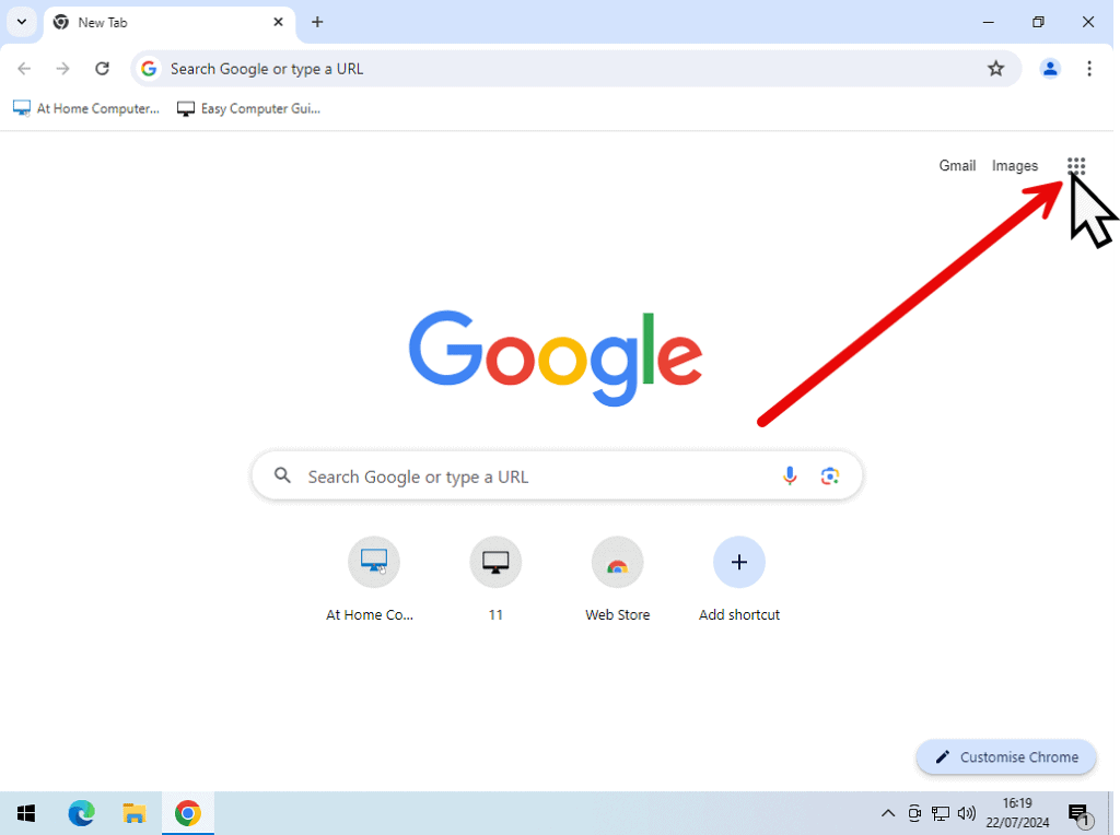 Google Apps icon (9 dots) is indicated by a red arrow.
