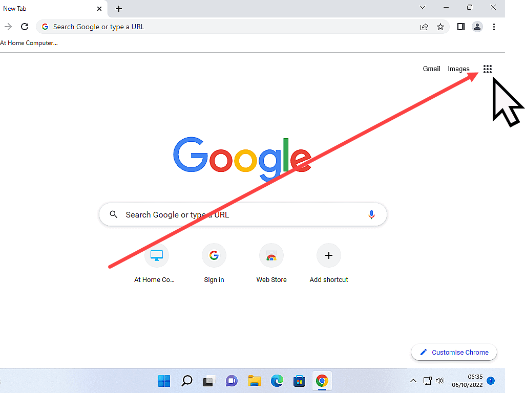 On the Google homepage, the apps icon (9 dots) is indicated.