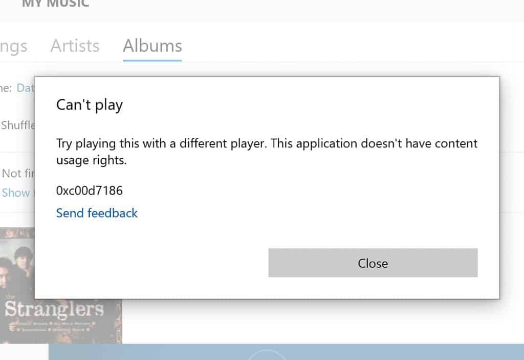 Can't Play error message from the Groove Music app when trying to play a WMA file.