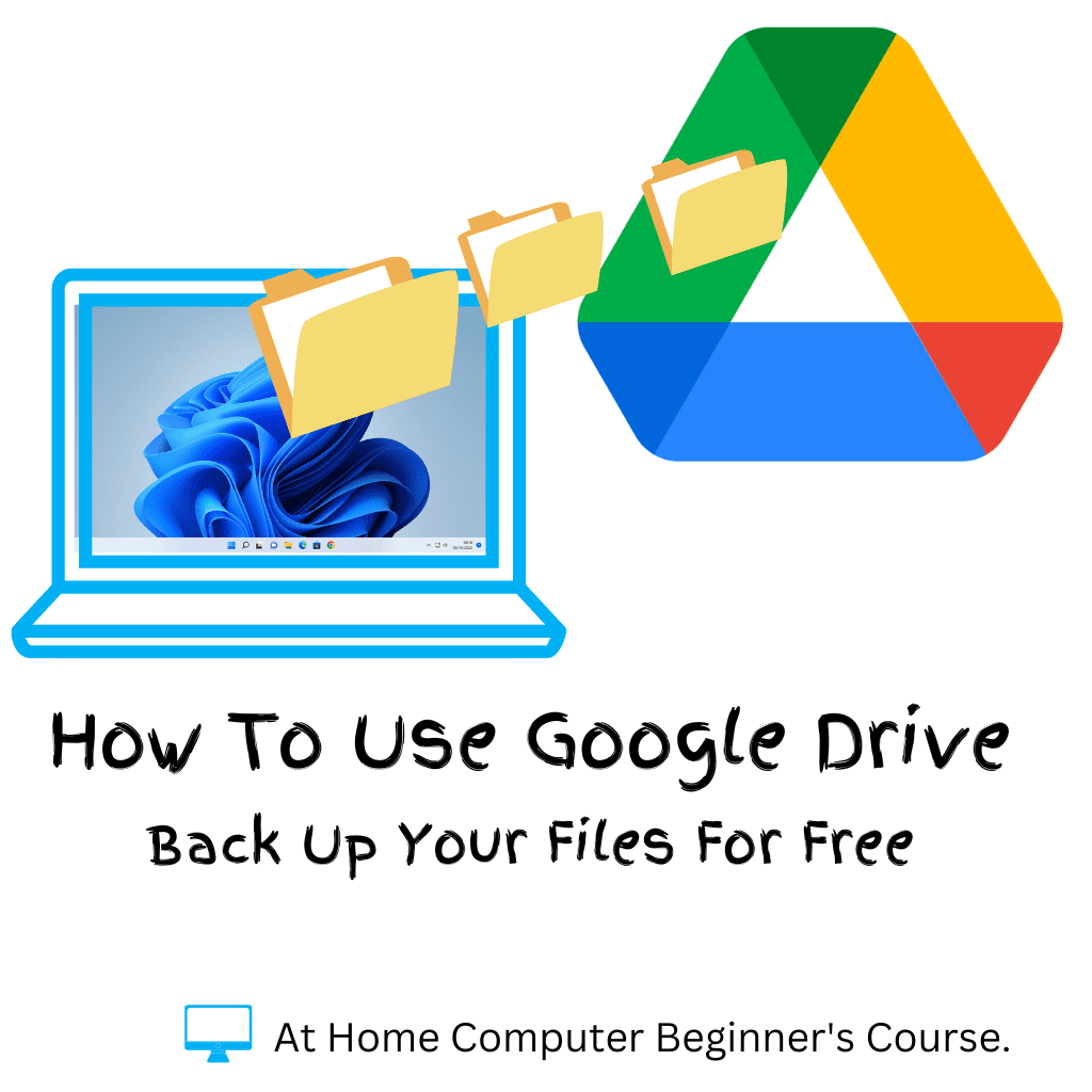 Files are moving from a laptop computer to Google Drive. Text reads 