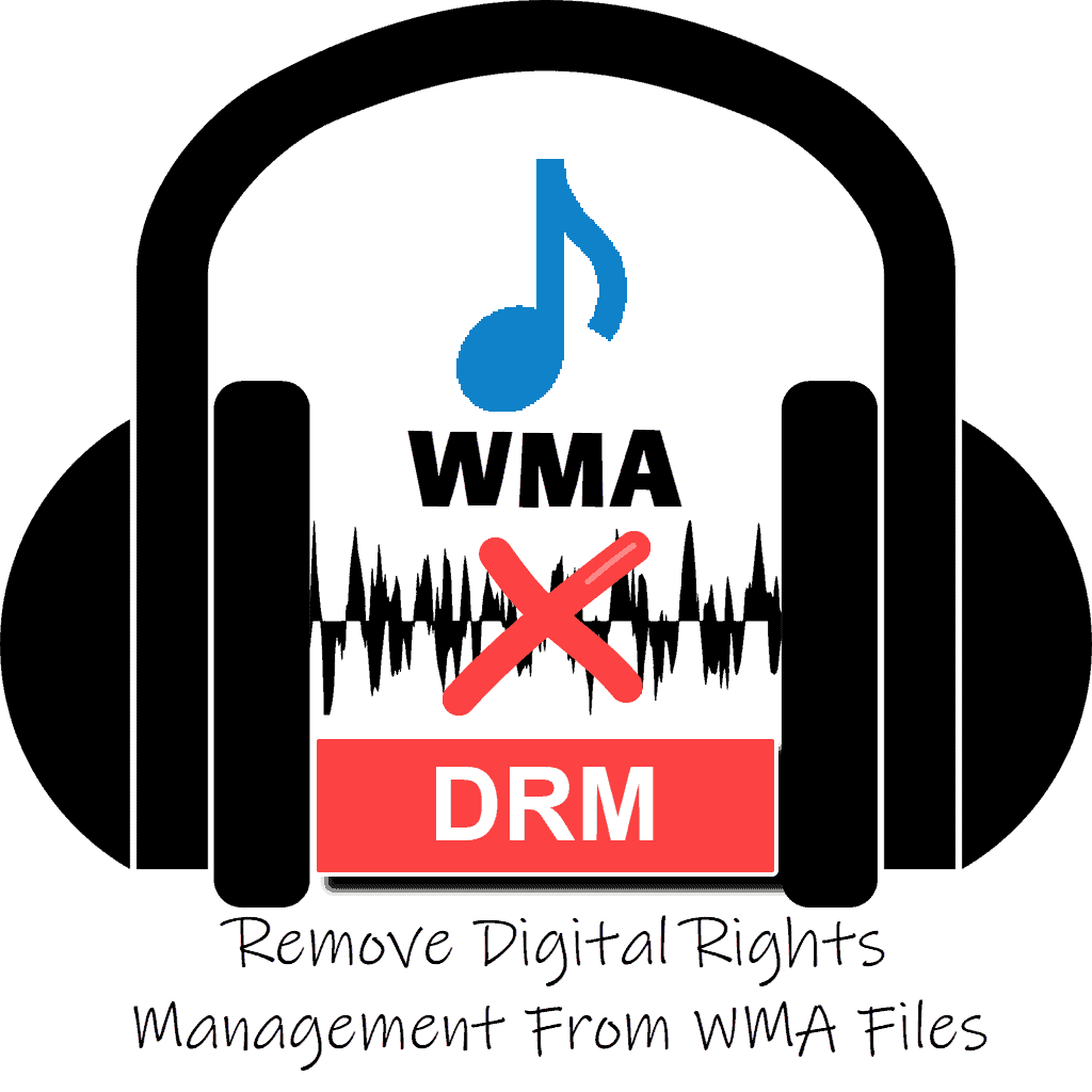 Headphones with a sound wave passing between earpieces. Red X over the sound wave. Text reads "How to remove DRM from WMA files".