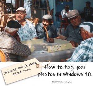 Image of people sat at cafe table. Parcel tag has been added with their names. Text reads"How to tag you photos in Windows"