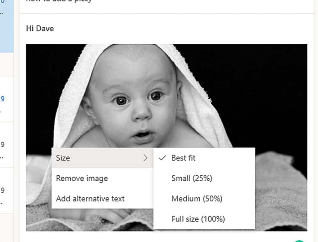 The Image Size options menu is open in Outlook.com email.