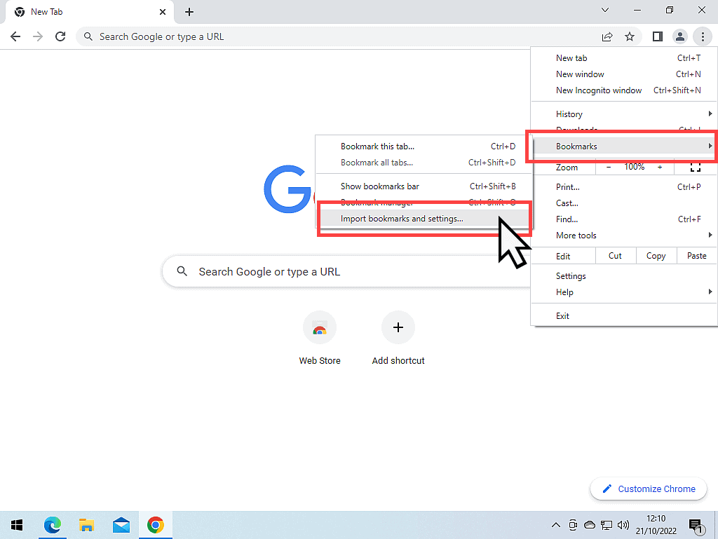 Import bookmarks and settings indicated on Chrome options menu.