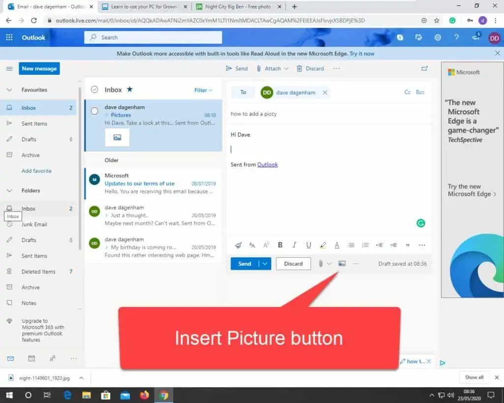 Location of the insert pictures button (icon) in Outlook.com.