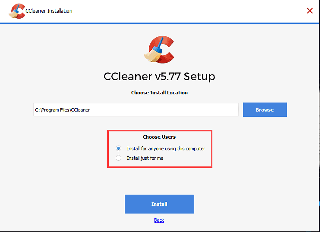 CCleaner setup page with the option to "Install for anyone using this computer" selected
