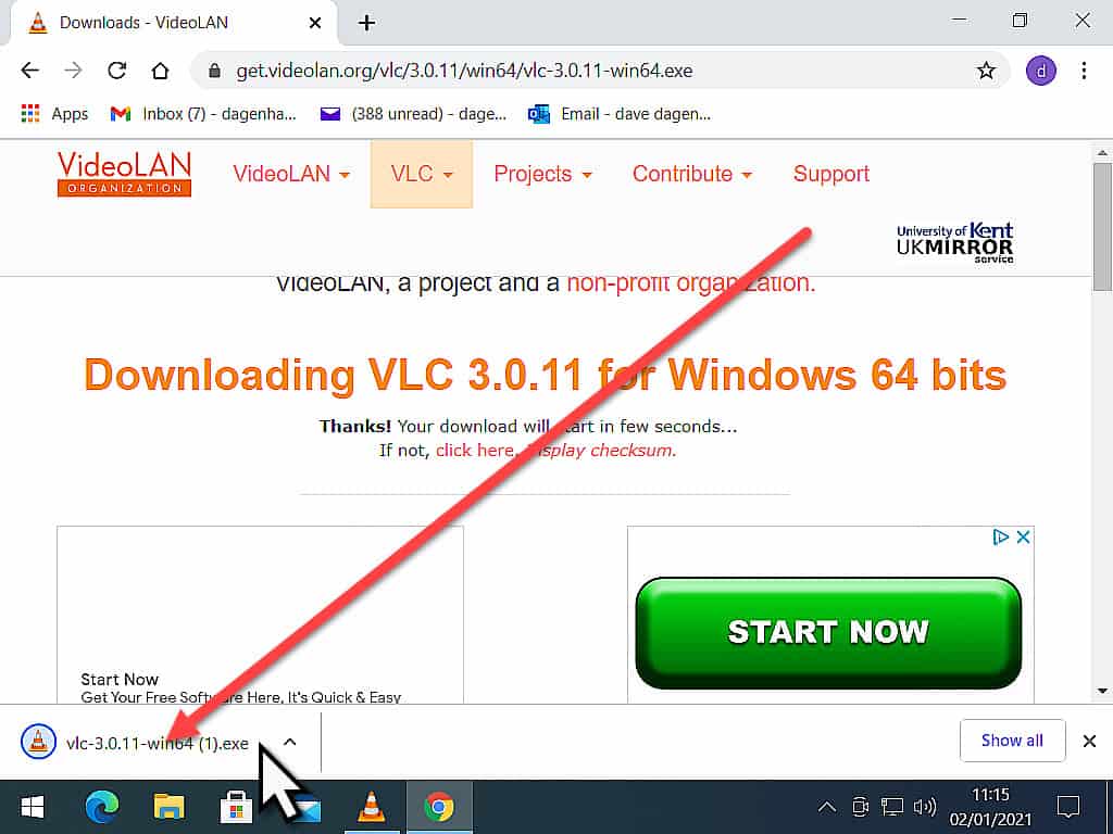 VLC setup file indicated in browser window.