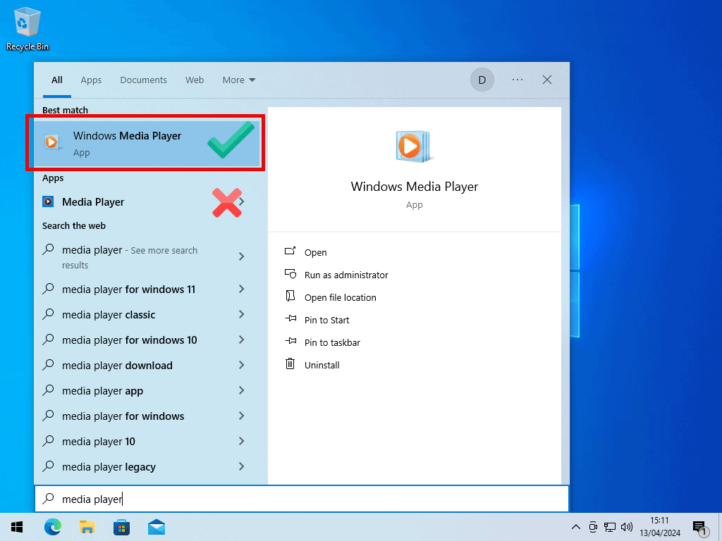 Searching for Windows Media Player in Windows 10.