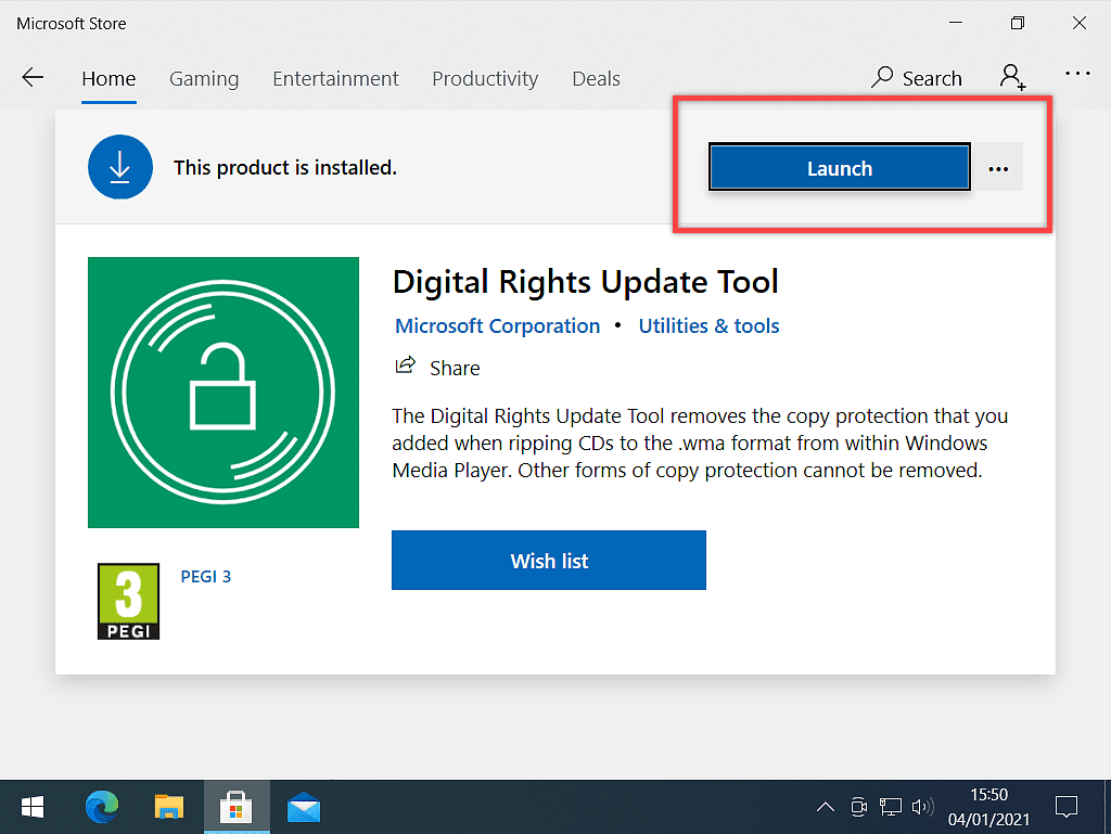 Digital rights update tool app installed. The Launch button is marked.