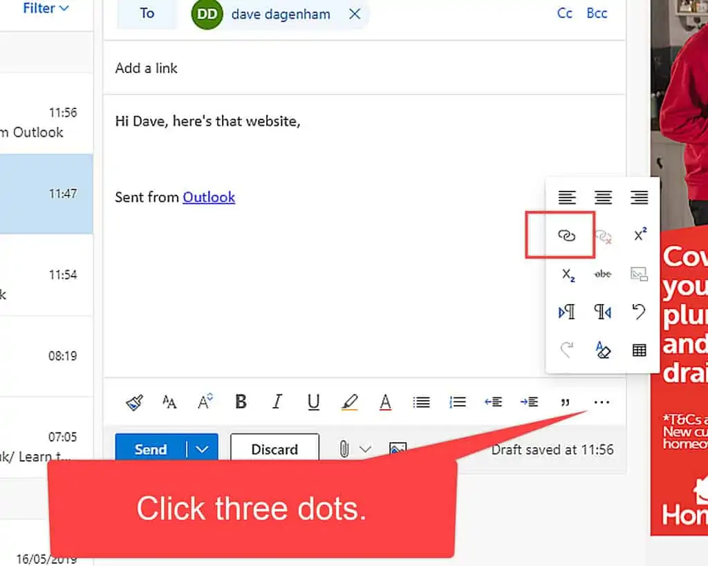 Add link icon on menu in Outlook.com