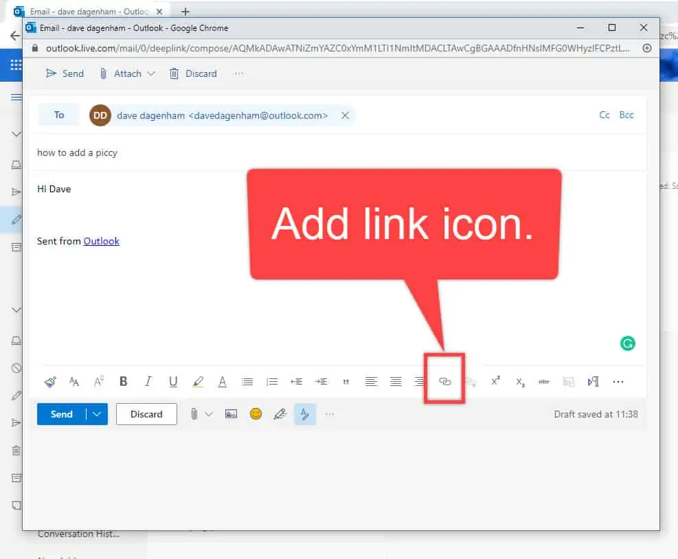 Add link icon on toolbar in Outlook.com