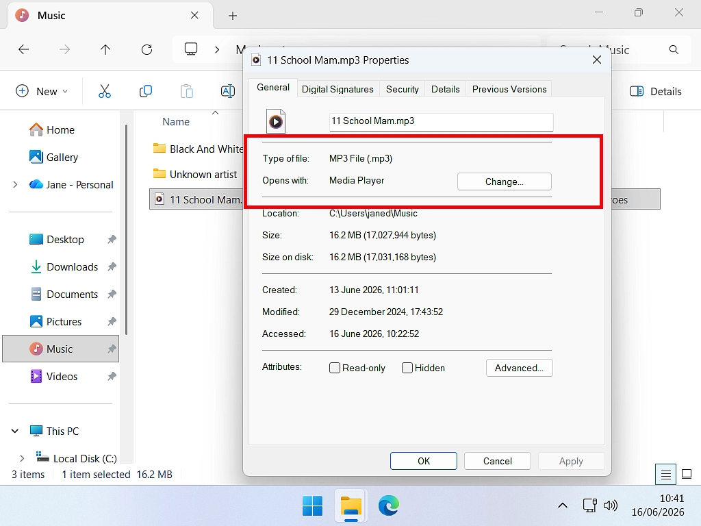 MP3 file Properties box for an audio track is open and MP3 File is highlighted.