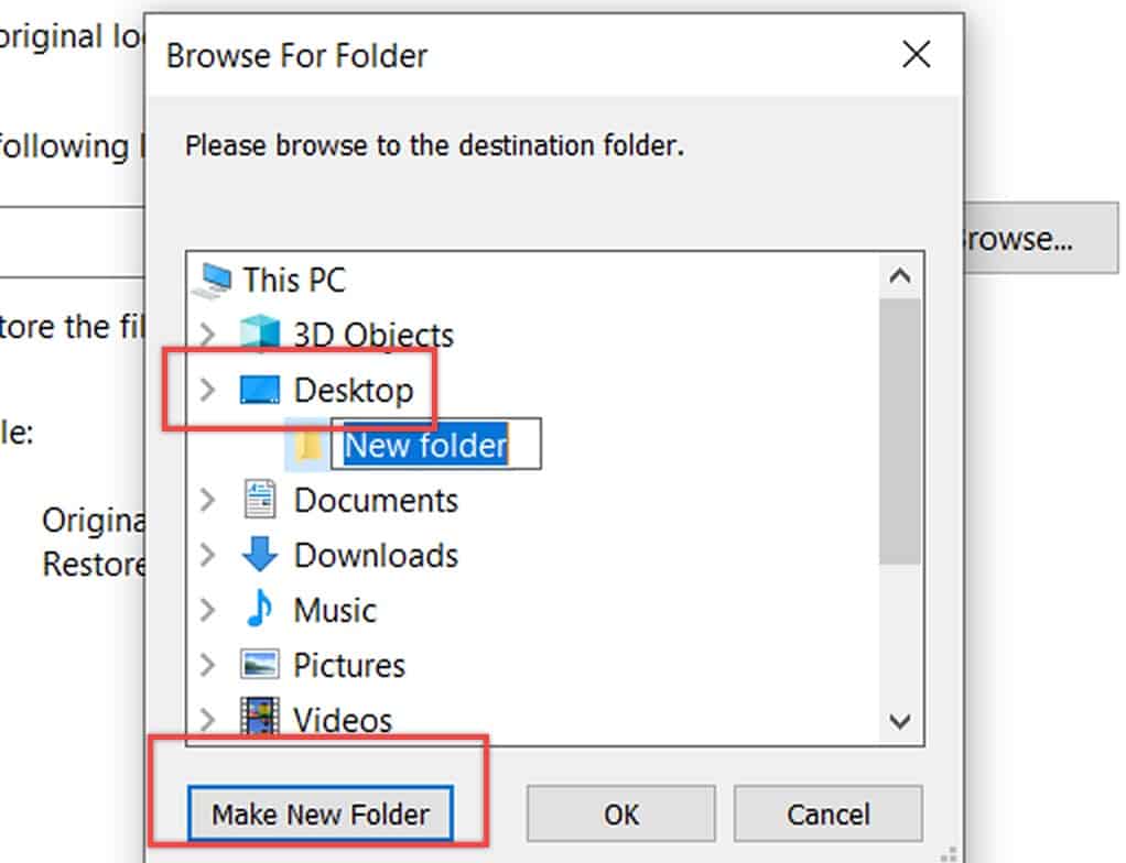 Browse for folder window is open. Make New Folder button is indicated.