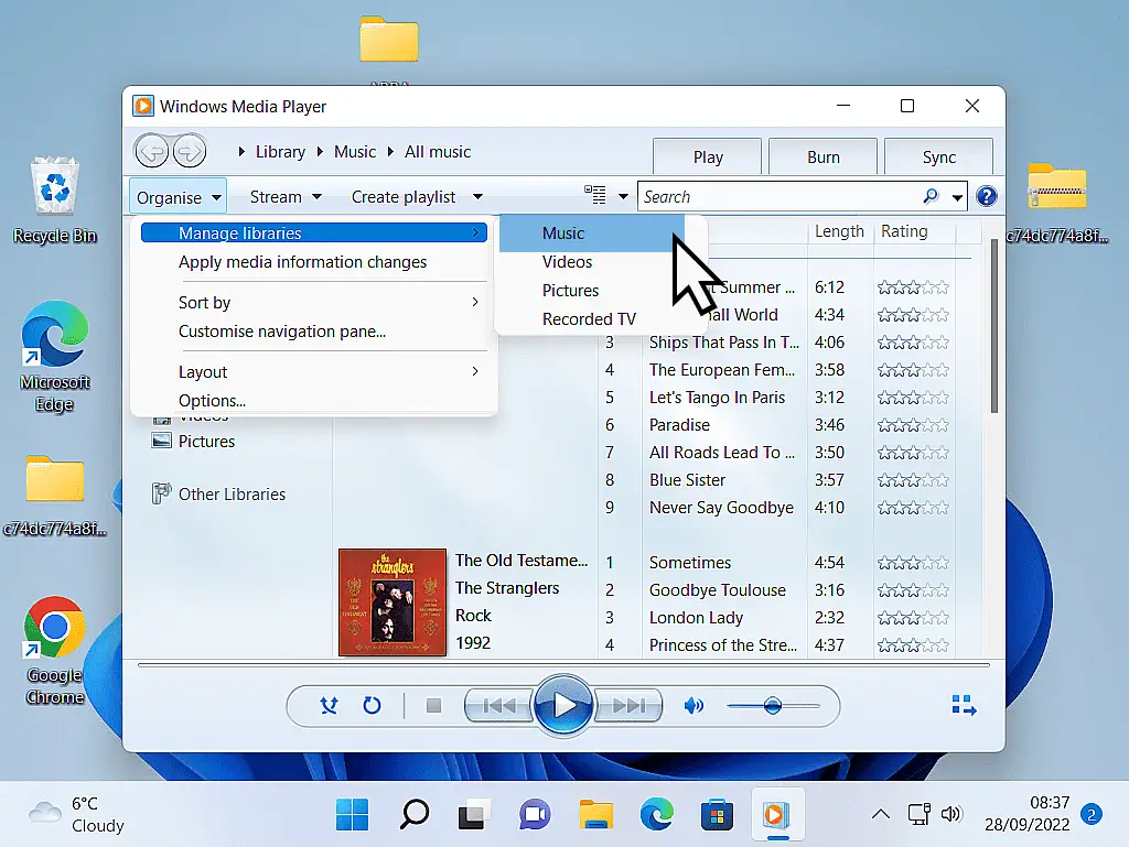 Organise menu is open. Manage Libraries and Music are highlighted.