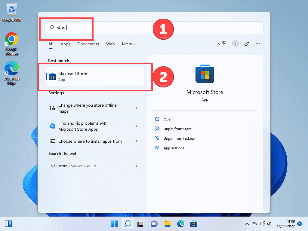 Windows 11 start menu open. Store has been typed into search box. Microsoft Store is indicated at top of results.