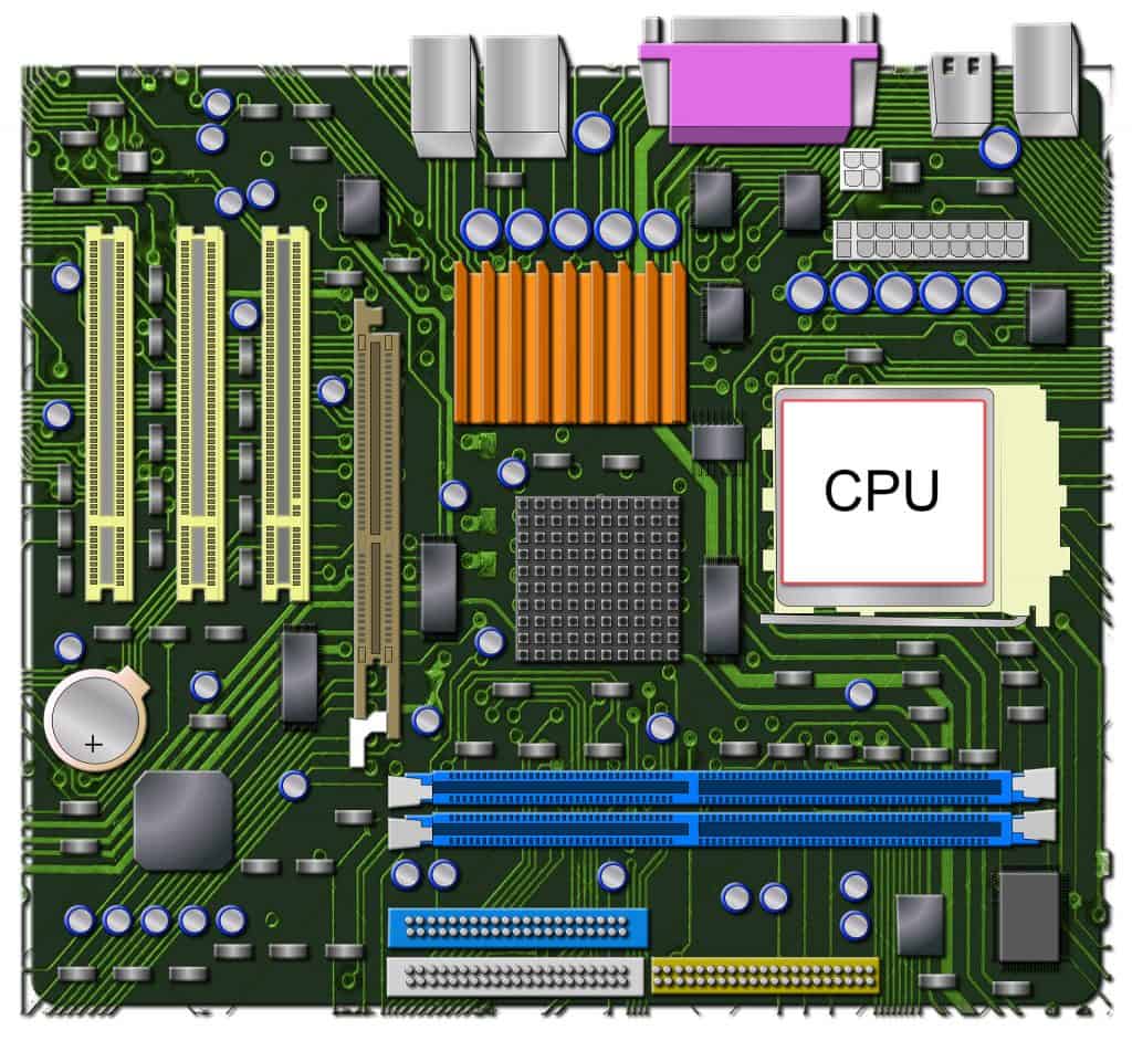 A computer motherboard with the CPU socket indicated.