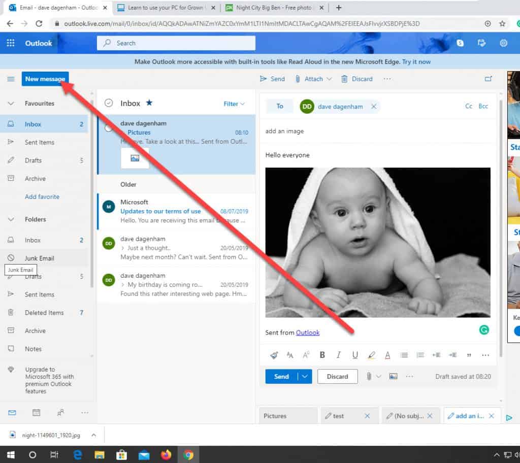 In Outlook.com the New Message button is highlighted.