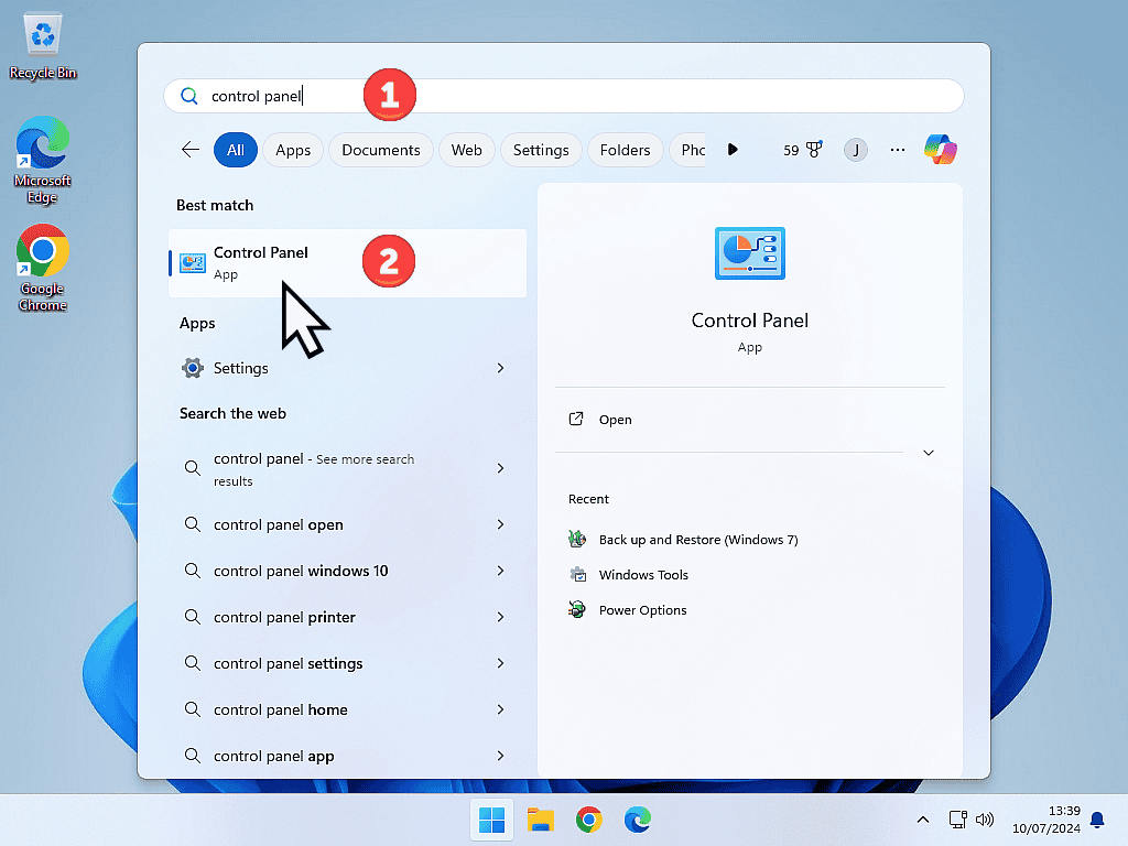 Control Panel is being clicked in the the Windows search results.