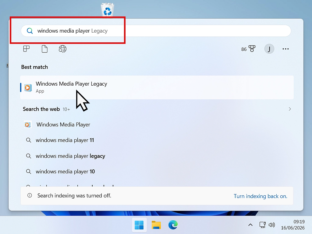 Open Windows Media Player Legacy in Windows 11 Searching for Windows Media Player Legacy to burn a mp3 data CD.